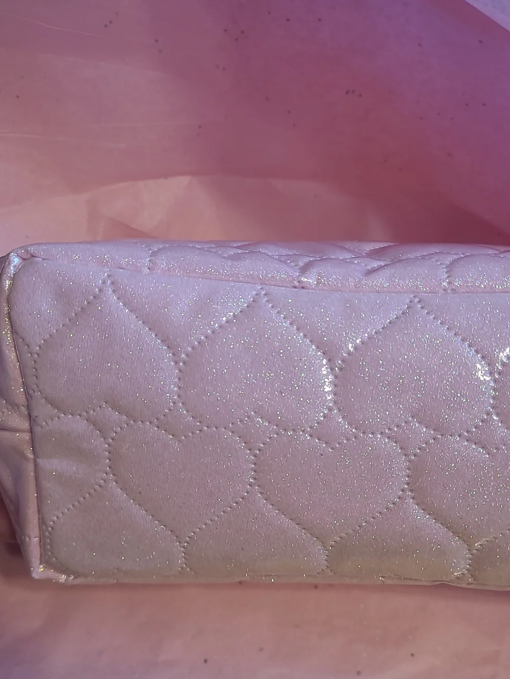 Bebe Quilted Glitter Pink Cosmetic Pouch comes With Two 1.6oz Toiletry Bottles